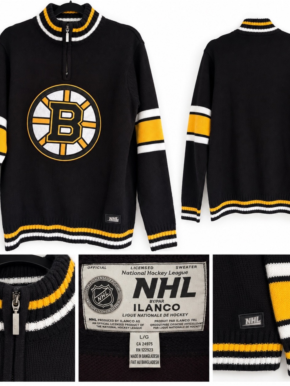 🐝 Boston Bruins NHL Ilanco Quarter-Zip Knit Sweater – Size L/G 🏒